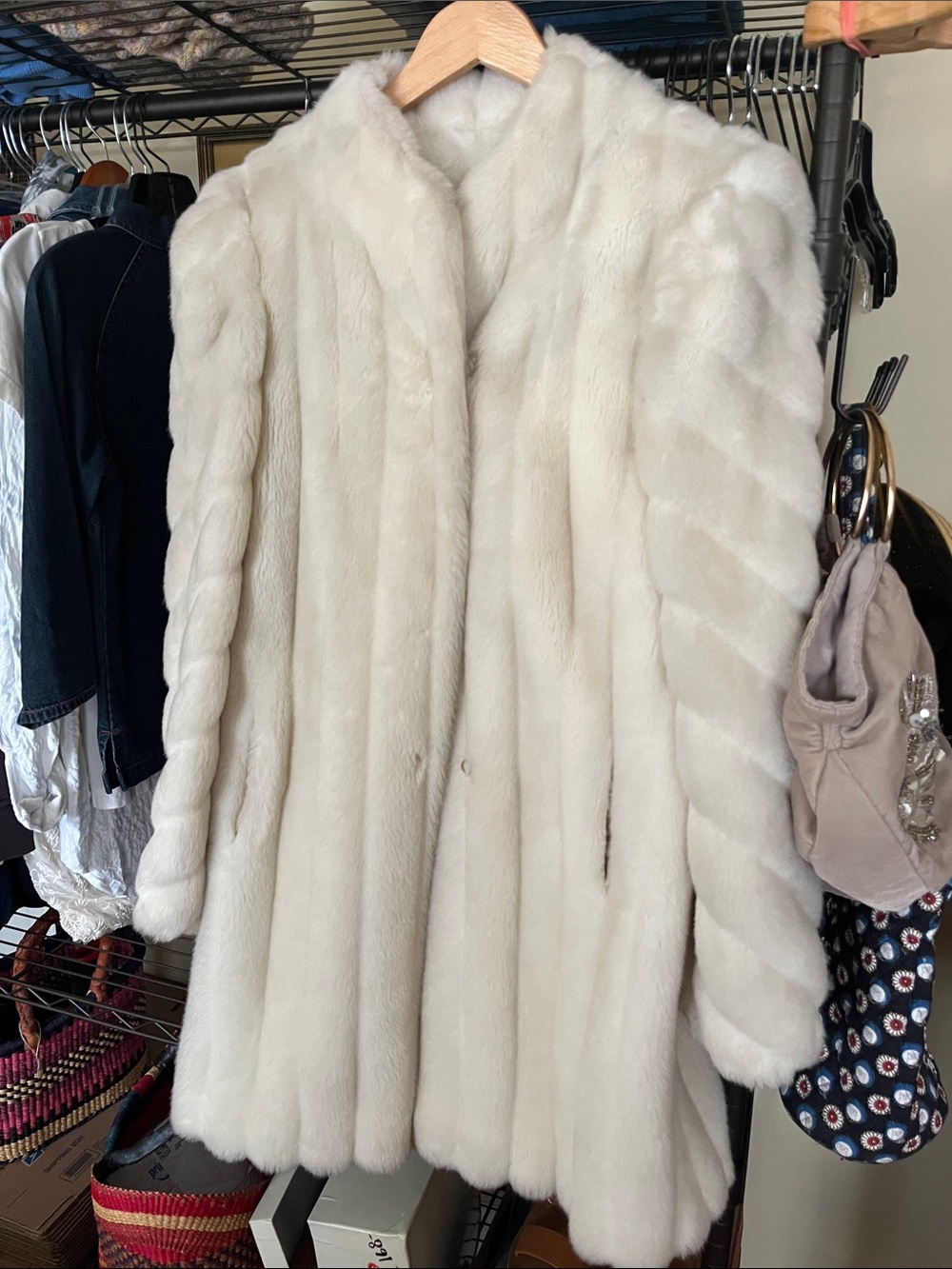 Vintage Jordache Cream Faux Fur Coat Size Small Hidden Closures 80s 90s Glam